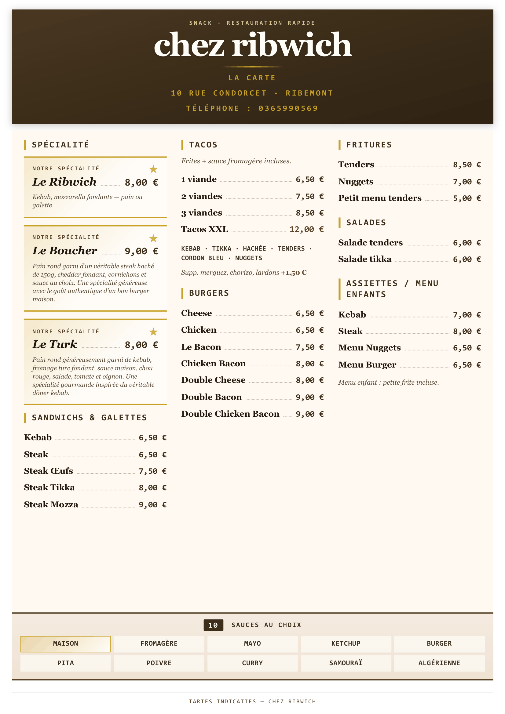Carte Chez Ribwich — version papier